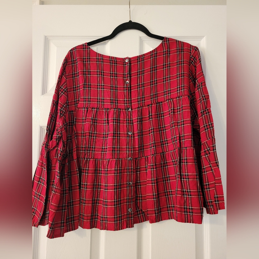 Madewell Red Plaid Button-Back Peplum Blouse